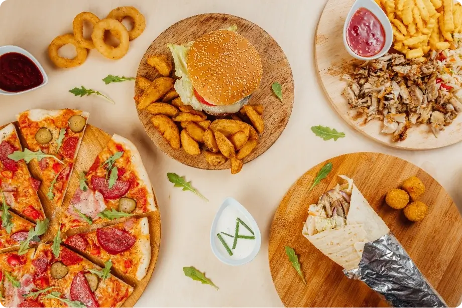 top view of a gourmet restaurant table with delicious food