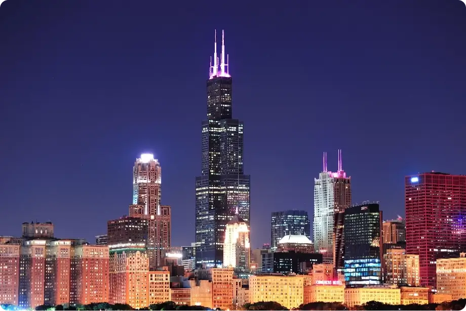 chicago skyline at dusk